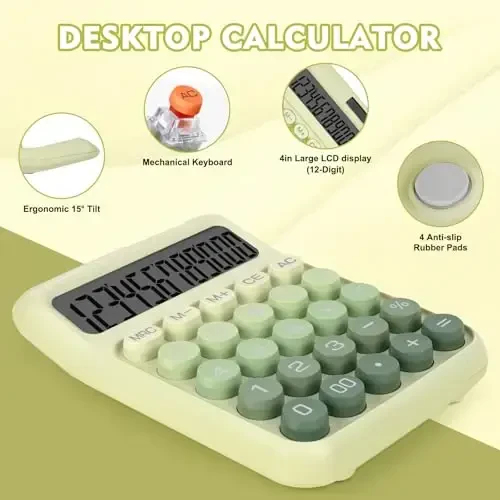 DANRONG Mechanical Switch Calculator with Big Buttons, Calculators Desktop, 12 Digits, Solar Battery Power, Desk Calculator, Large LCD Display,Cute Green Calculators for Teachers Students Basic Office - 4