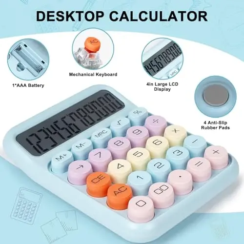 DANRONG Mechanical Switch Calculator with Big Buttons, Calculators Desktop, 12 Digits, Large LCD Display, Desk Calculator, Cute Pink Calculators for Teachers Students Basic Office (Blue) - 5