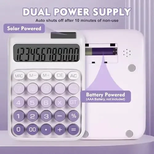 DANRONG Mechanical Switch Calculator with Big Buttons, Calculators Desktop, 12 Digits, Solar Battery Power, Desk Calculator,Large LCD Display,Cute Purple Calculators for Teachers Students Basic Office - 3