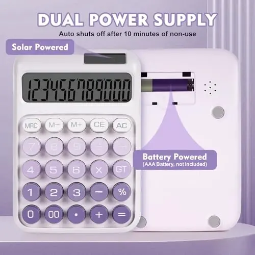 DANRONG Mechanical Switch Calculator with Big Buttons, Calculators Desktop, 12 Digits, Solar Battery Power, Desk Calculator,Large LCD Display,Cute Purple Calculators for Teachers Students Basic Office - 3