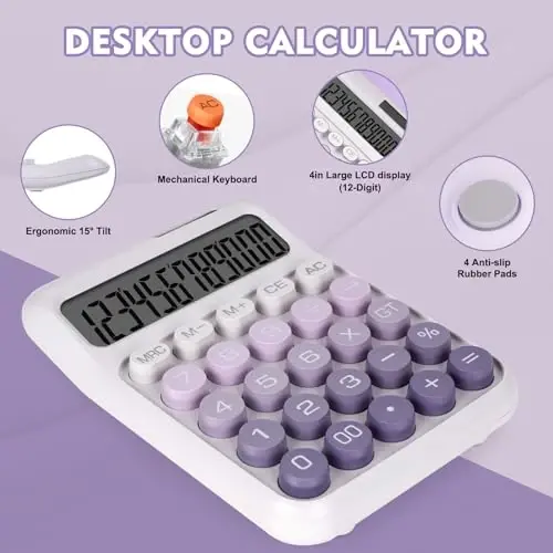 DANRONG Mechanical Switch Calculator with Big Buttons, Calculators Desktop, 12 Digits, Solar Battery Power, Desk Calculator,Large LCD Display,Cute Purple Calculators for Teachers Students Basic Office - 4