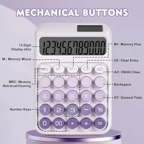 DANRONG Mechanical Switch Calculator with Big Buttons, Calculators Desktop, 12 Digits, Solar Battery Power, Desk Calculator,Large LCD Display,Cute Purple Calculators for Teachers Students Basic Office - 5