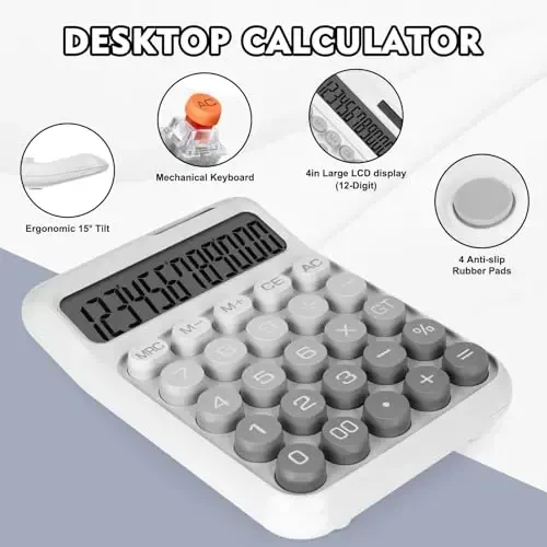 DANRONG Mechanical Switch Calculator with Big Buttons, Calculators Desktop, 12 Digits, Solar Battery Power, Desk Calculator, Large LCD Display,Cute White Calculators for Teachers Students Basic Office - 4