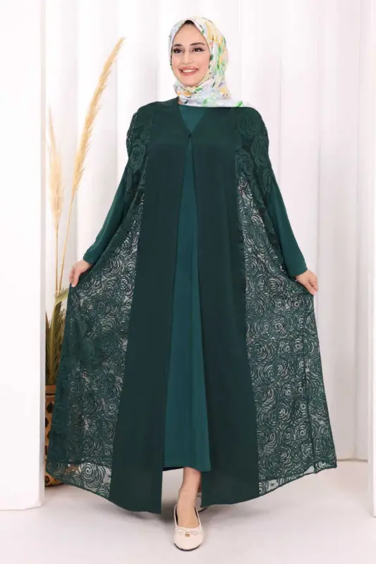 Dantel Abaya 7884 Zümrüt-Zümrüt - BYM FASHION