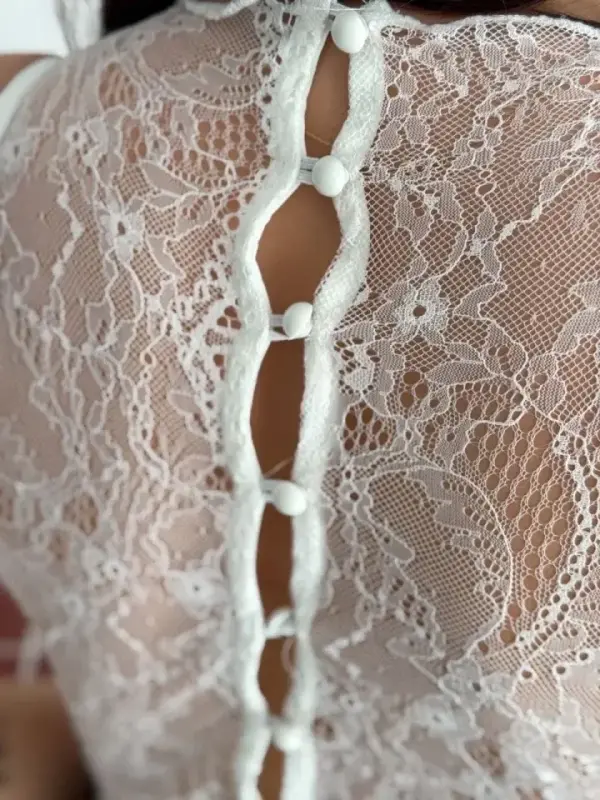 Dantel Detaylı Derin Dekolte Body Şık Kolsuz Yazlık Bodysuit - Beyaz - 2