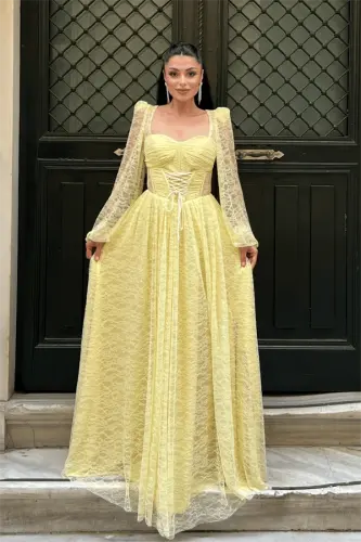 Dantel Kumaş Balen Detaylı Abiye Elbise - SARI - 1