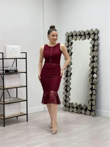 Dantel Kumaş Beli Motifli Elbise - BORDO - 2
