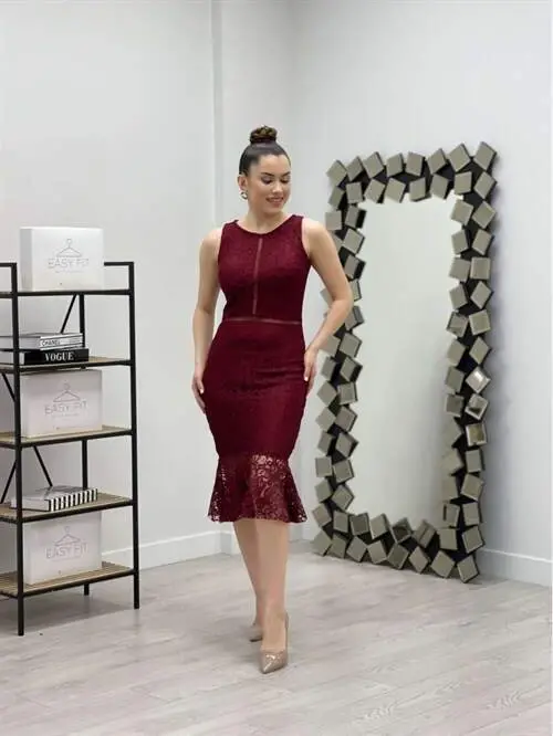 Dantel Kumaş Beli Motifli Elbise - BORDO - 2