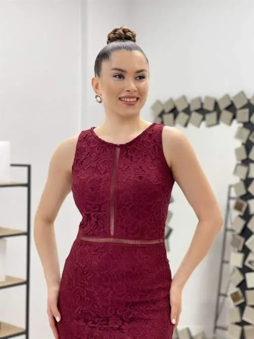Dantel Kumaş Beli Motifli Elbise - BORDO - 3