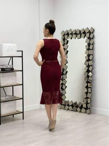 Dantel Kumaş Beli Motifli Elbise - BORDO - 5