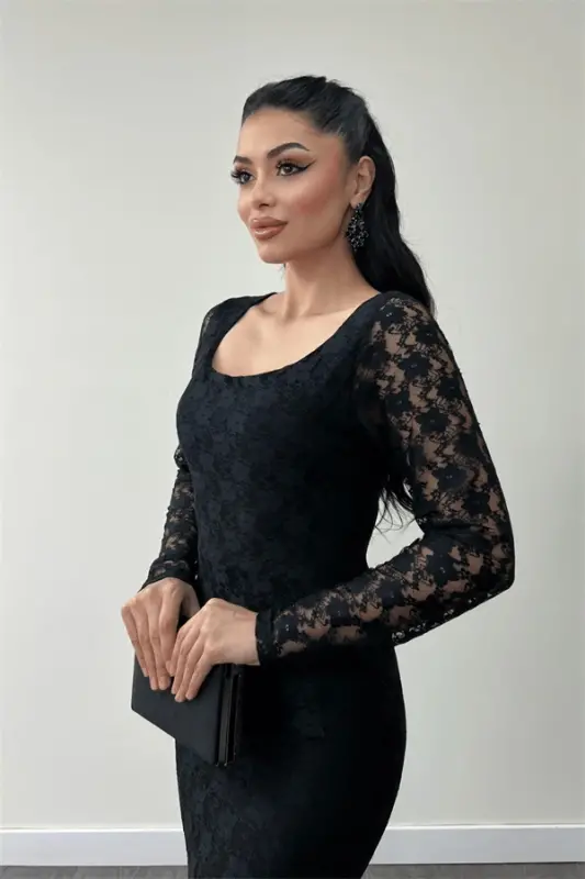 Dantel Kumaş Kare Yaka Balık Elbise - SİYAH - 4