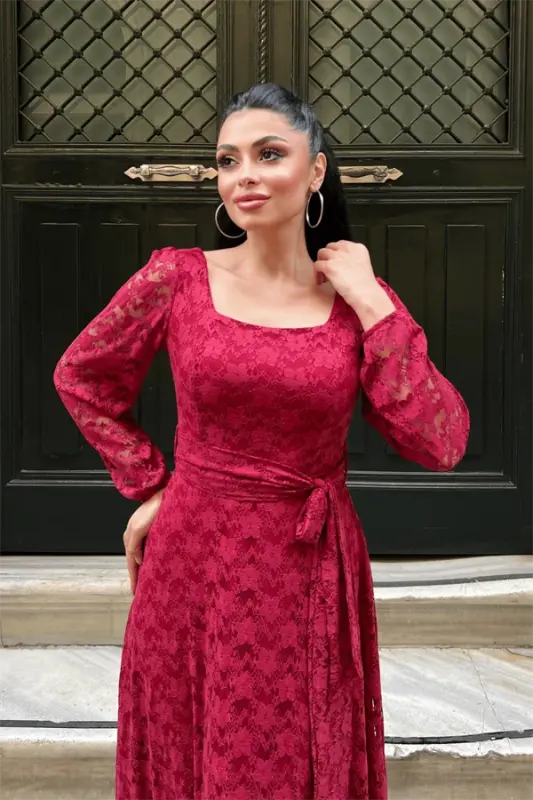 Dantel Kumaş Kare Yaka Elbise - KIRMIZI - 3