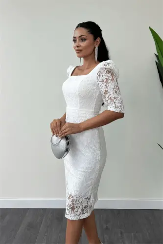Dantel Kumaş Kare Yaka Kalem Abiye Elbise - BEYAZ - 4