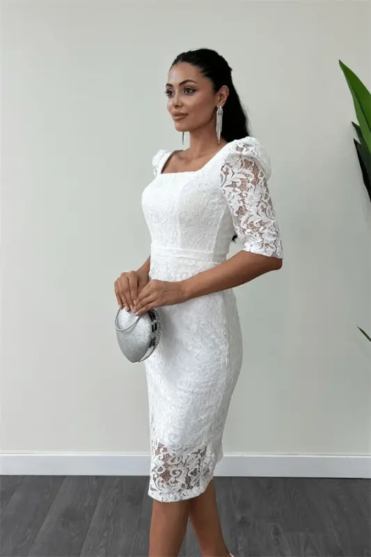 Dantel Kumaş Kare Yaka Kalem Abiye Elbise - BEYAZ - 4