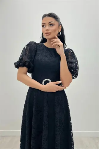 Dantel Kumaş Kolları Balon Kol Maxi Elbise - SİYAH - 7