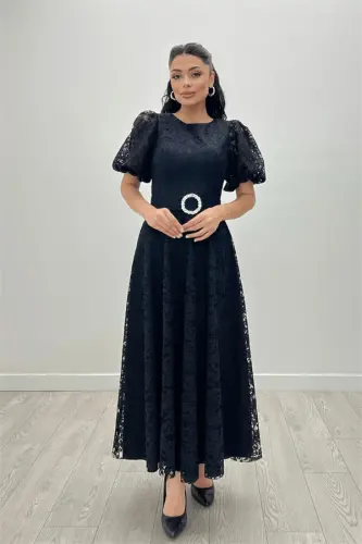 Dantel Kumaş Kolları Balon Kol Maxi Elbise - SİYAH - 8