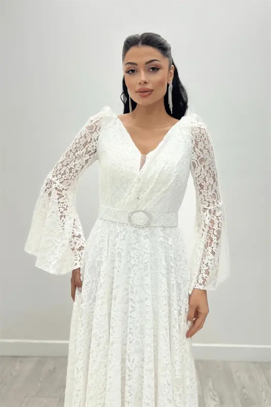 Dantel Kumaş Kolları Volan Detaylı - BEYAZ - BÜYÜKBEDENIZ