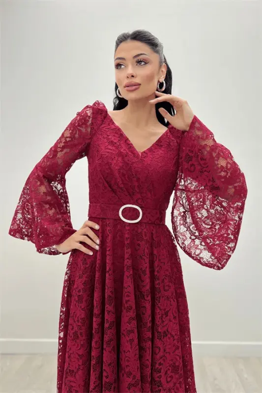 Dantel Kumaş Kolları Volan Detaylı - BORDO - 2