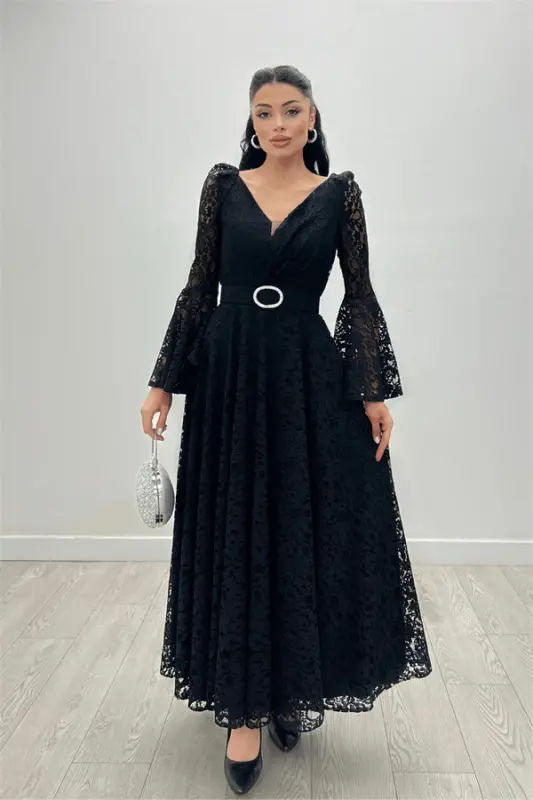 Dantel Kumaş Kolları Volan Detaylı - SİYAH - 3