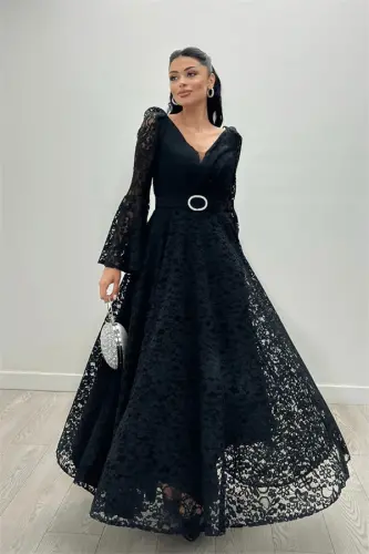 Dantel Kumaş Kolları Volan Detaylı - SİYAH - 4