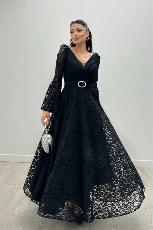 Dantel Kumaş Kolları Volan Detaylı - SİYAH - 4