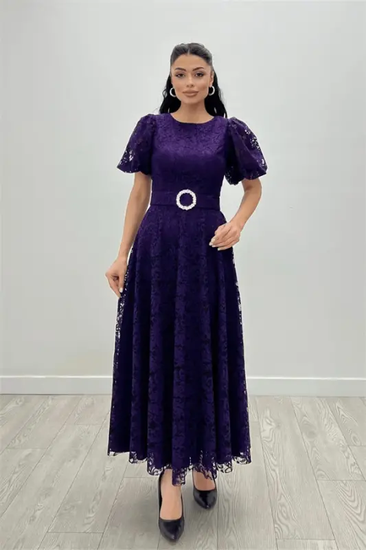 Dantel Kumaş Kolları Balon Kol Maxi Elbise - PATLICAN MOR - 3