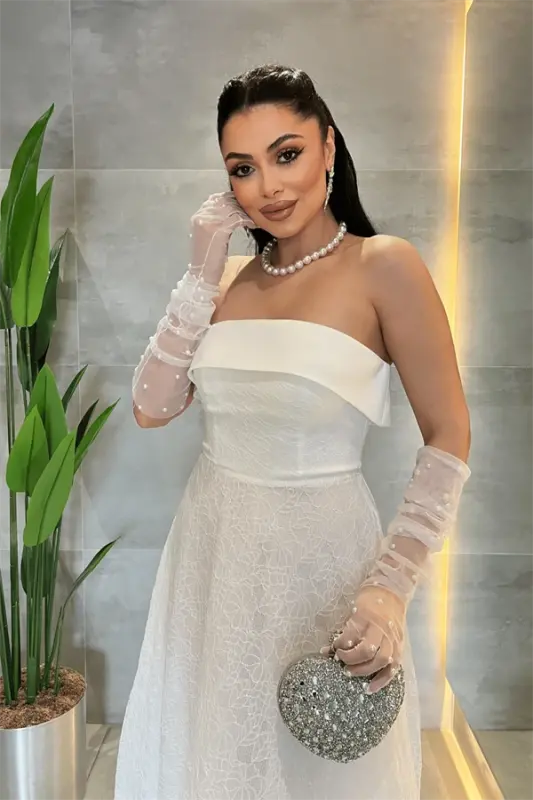 Dantel Kumaş Straplez Elbise - BEYAZ - 4