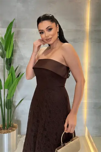 Dantel Kumaş Straplez Elbise - KAHVERENGİ - 4