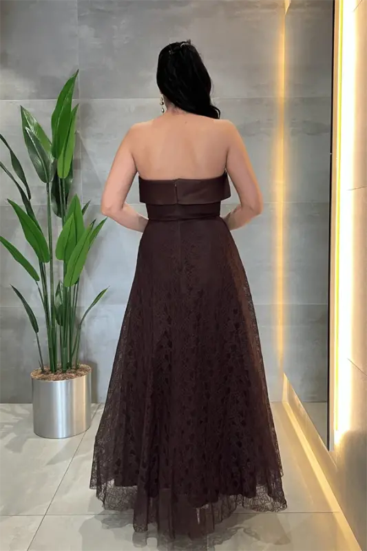 Dantel Kumaş Straplez Elbise - KAHVERENGİ - 5