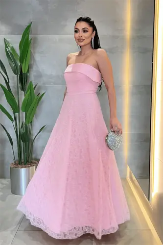 Dantel Kumaş Straplez Elbise - PEMBE - BÜYÜKBEDENIZ (1)