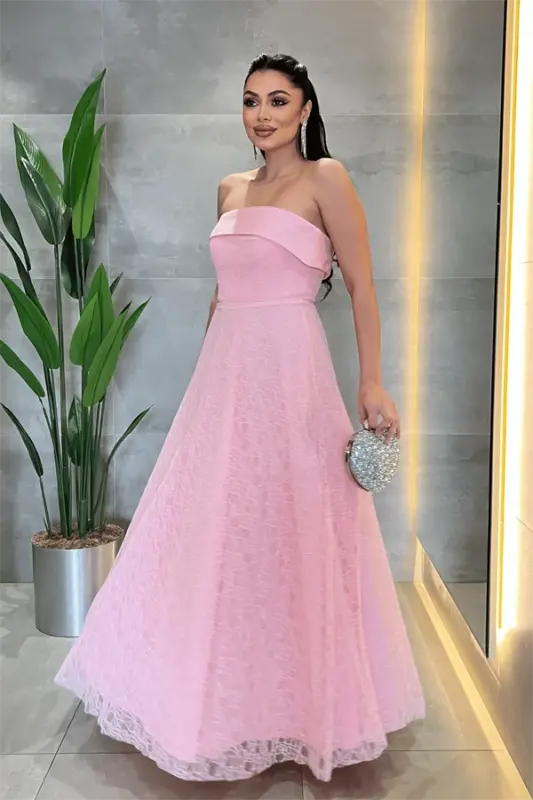 Dantel Kumaş Straplez Elbise - PEMBE - 2