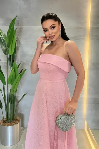 Dantel Kumaş Straplez Elbise - PEMBE - 3