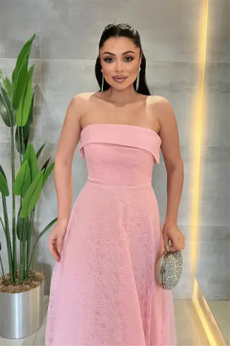 Dantel Kumaş Straplez Elbise - PEMBE - 4