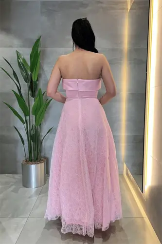Dantel Kumaş Straplez Elbise - PEMBE - 5