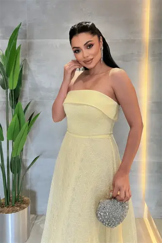 Dantel Kumaş Straplez Elbise - SARI - 4