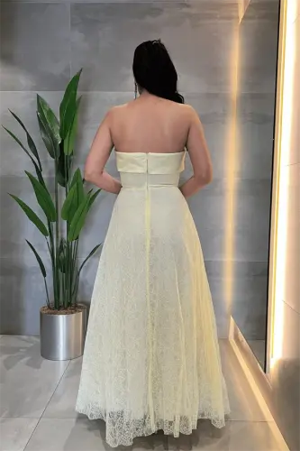 Dantel Kumaş Straplez Elbise - SARI - 5