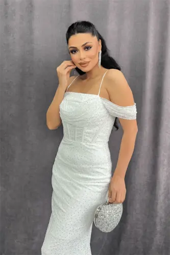 Dantel Kumaş Taş Detaylı Abiye Elbise - BEYAZ - 3