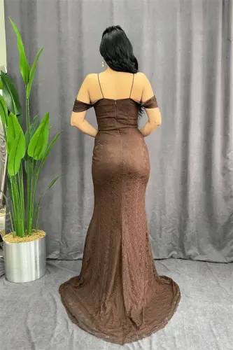 Dantel Kumaş Taş Detaylı Abiye Elbise - KAHVERENGİ - 5