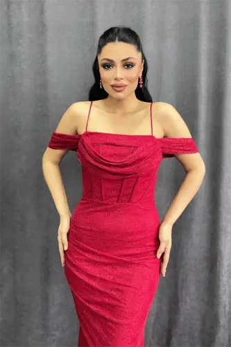 Dantel Kumaş Taş Detaylı Abiye Elbise - KIRMIZI - 4