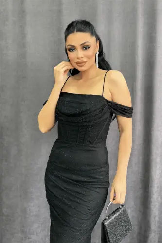 Dantel Kumaş Taş Detaylı Abiye Elbise - SİYAH - 4