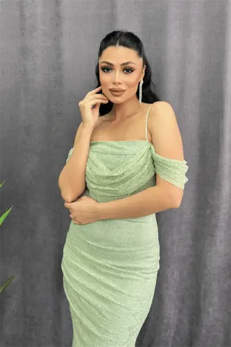 Dantel Kumaş Taş Detaylı Abiye Elbise - YEŞİL - 3