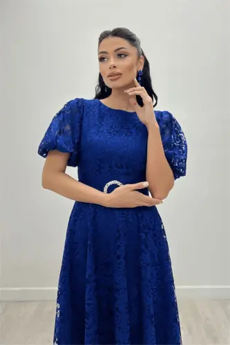 Dantel mato bilan balon yengli maksi ko'ylak - SAKS MAVI - 1