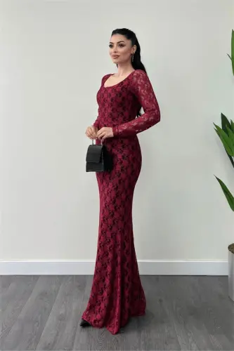 Dantel Mato Kvadrat Bo'yin Baliq Ko'ylak - BORDO - BÜYÜKBEDENIZ (1)