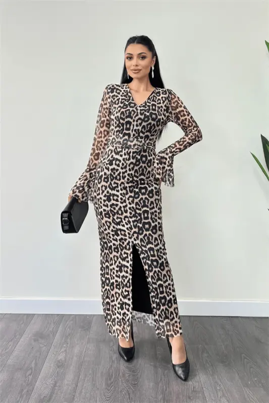 Dantel naqshli mato, qo'l qismlari klosh xalqona ega qalam ko'ylak - LEOPARD - 1