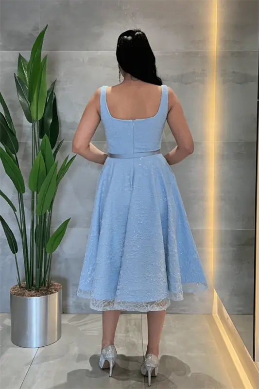 Dantel Payet Kumaş Balen Detaylı Midi Elbise - BEBE MAVİSİ - 5