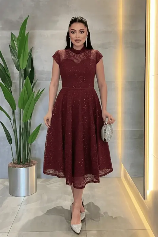 Dantel Payet Kumaş Midi Elbise - BORDO - 1