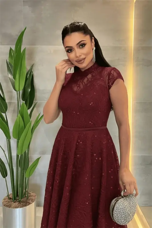 Dantel Payet Kumaş Midi Elbise - BORDO - 3