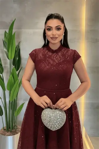 Dantel Payet Kumaş Midi Elbise - BORDO - 4