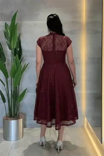 Dantel Payet Kumaş Midi Elbise - BORDO - 5