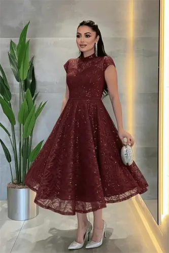 Dantel Payet Kumaş Midi Elbise - BORDO - BÜYÜKBEDENIZ (1)